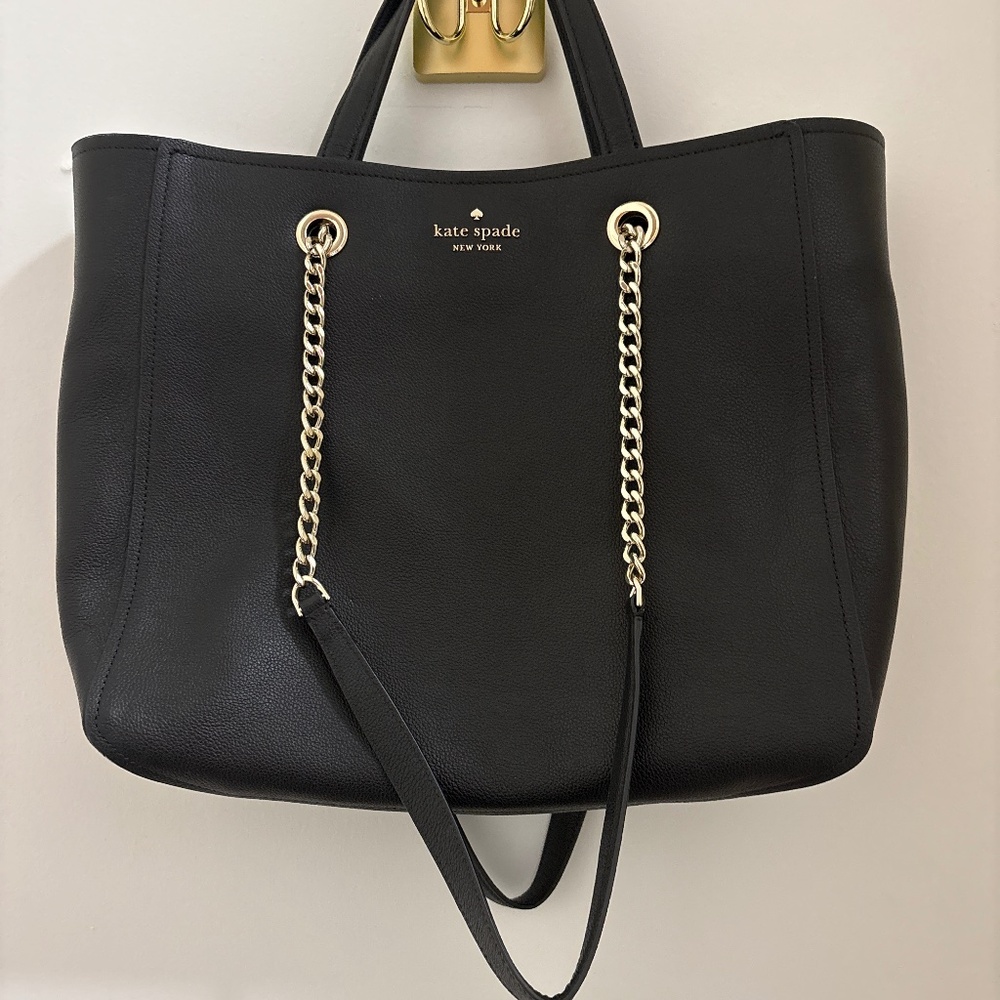 Spade Black Leather Tote — Gold Chain Straps, Zip Divider, Work Bag